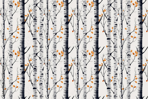 Illustrated birch tree seamless pattern with autumn leaves © Jan