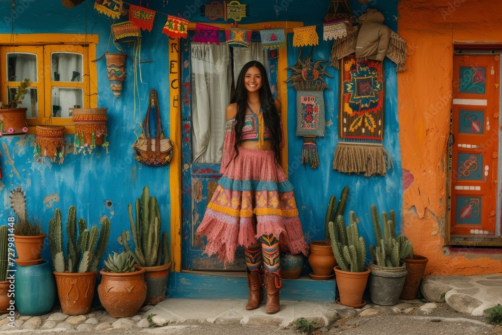 Fototapeta premium Traditional Mexican Fashion in Colourful Setting. Woman in traditional attire against a bright cultural wall.