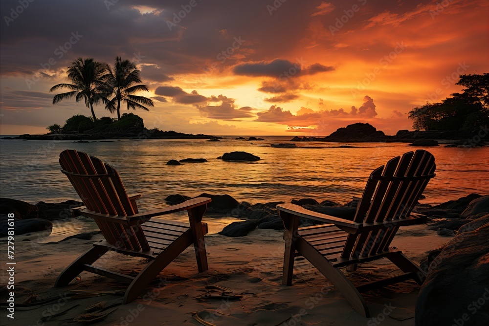 Tranquil sunset beach scene with two beach chairs, palm trees, and storm cloud on ocean front