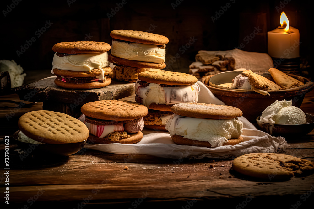 Indulge in nostalgia with Ice Cream Uncles Sandwiches on a rustic wooden table. A sweet treat for culinary projects and dessert themed designs.