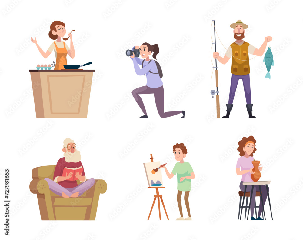 Hobbies. Favorite activities for persons people playing drawing reading exact vector illustrations in cartoon style Hobbies. Favorite activities for persons people playing drawing reading exact vector illustrations in cartoon style