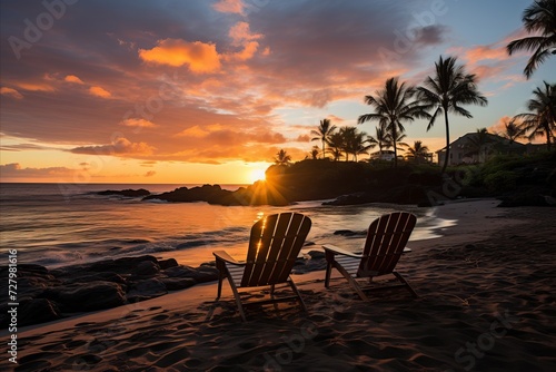 Tropical sunset. two beach chairs on ocean beach with palm trees in the background