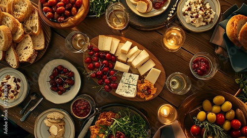 Candlelit evening setting with a rich selection of cheeses, wines, and fresh accompaniments on a wooden table. photo
