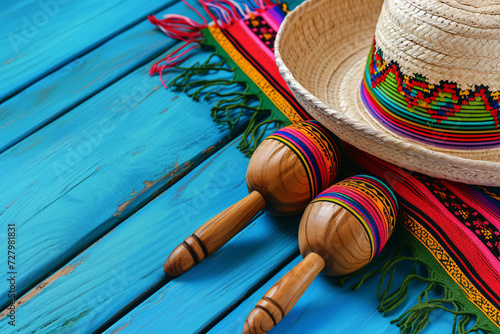 Vibrant Mexican Culture: Traditional Sombrero, Maracas, and Textile on a Rustic Blue Wooden Background photo