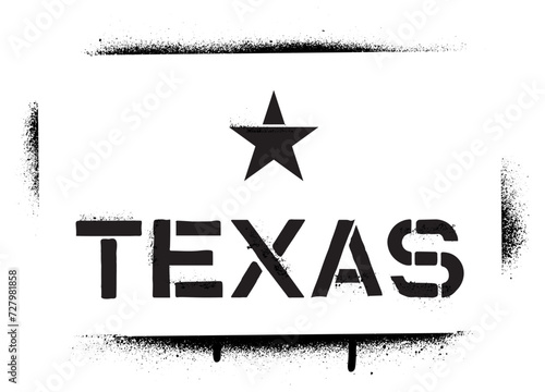 Spray graffiti stencil TEXAS and star over white.