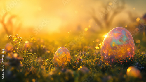 A celestial Easter meadow, where iridescent eggs, adorned with ethereal patterns, float above the lush grass, bathed in the soft glow of a golden sunrise.
