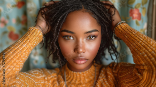 African American beauty touching her dreadlocks, frizzy hairstyle and orange sweater, floral curtain in the background