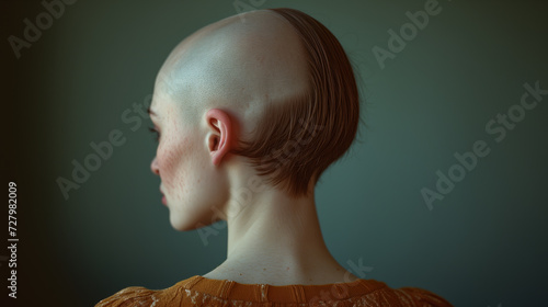Partly bald head of a woman with alopecia, hair loss and hair thinning, back of head side angle studio photography against clean blue background photo