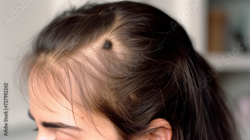 Close up of a dark mole on scalp of woman with hair loss seen from the side, hair thinning from trichotillomania, chemotherapy or alopecia