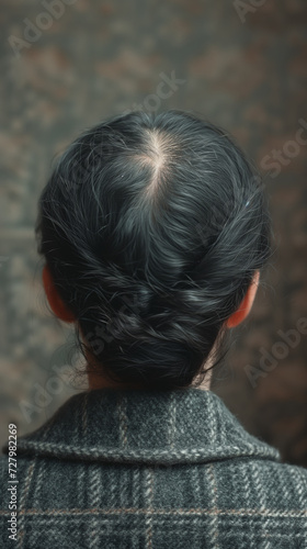 Braiding in a woman with dark hair, scalp is visible in hair parting on top of head due to the onset of aging, trichotillomania or alopecia