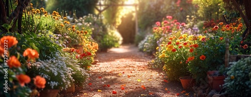 Amidst the vibrant orange hues of a blooming garden, a tree stands tall, its branches reaching towards the sun, while annual plants and flowers adorn the ground, creating a beautiful outdoor path fil