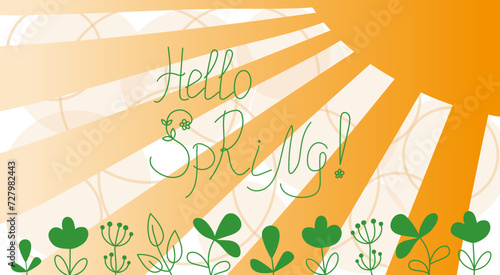 Banner with the image of the sun and flowers. Slogan Hello spring, handwritten calligraphy inscription. Vector layout, postcard. Sun rays and abstract minimalist flowers. 