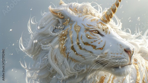 A Fantastical Blend of Unicorn and White Tiger  Harmonizing Deep White and Light Gold  Creating a Mystical and Regal Creature