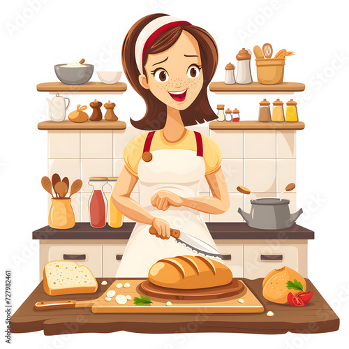 A woman baking bread in her kitchen isolated on white background, cartoon style, png
