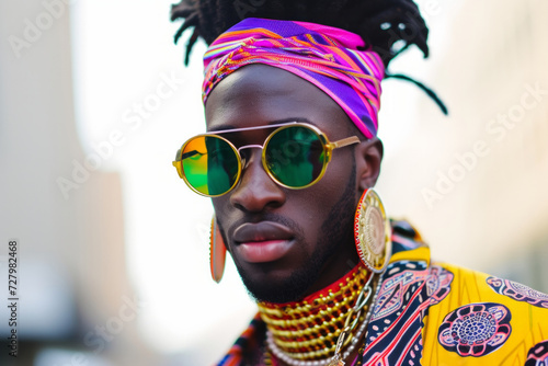 black male model wearing bright accessories and bright colorful clothes. Black male model in traditional African attire. Cheerful African American man in sunglasses and headdress