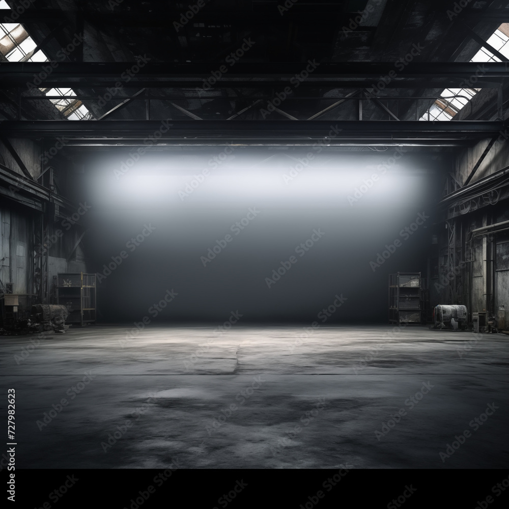 Industrial empty warehouse room with wall and spotlights for shooting big objects for advertisement