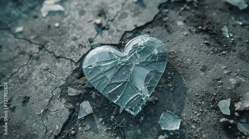 Broken glass heart on surface heartbreak concept