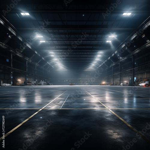 Industrial empty warehouse room with wall and spotlights for shooting big objects for advertisement