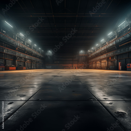 Industrial empty warehouse room with wall and spotlights for shooting big objects for advertisement photo