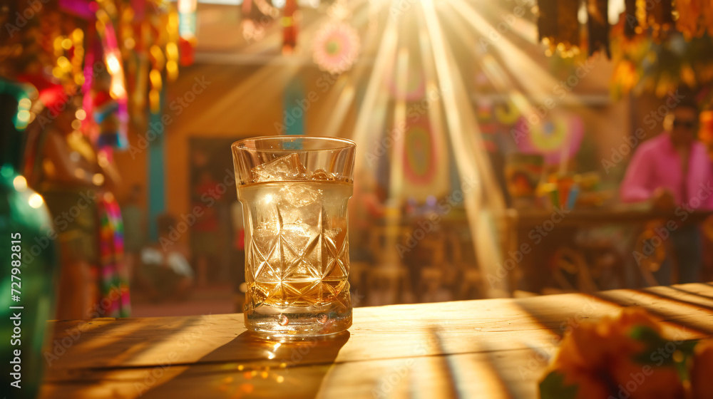 Golden Hour Celebration: A Glass of Refreshing Beverage Amidst a Vibrant Festive Atmosphere with Sun Rays Illuminating the Scene