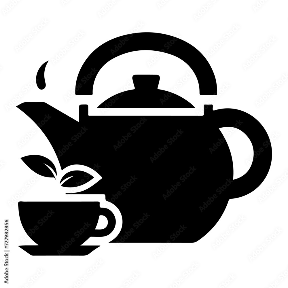 tea kettle vector icon with cup silhouette, black color silhouette tea kettle vector icon with cup silhouette, black color silhouette