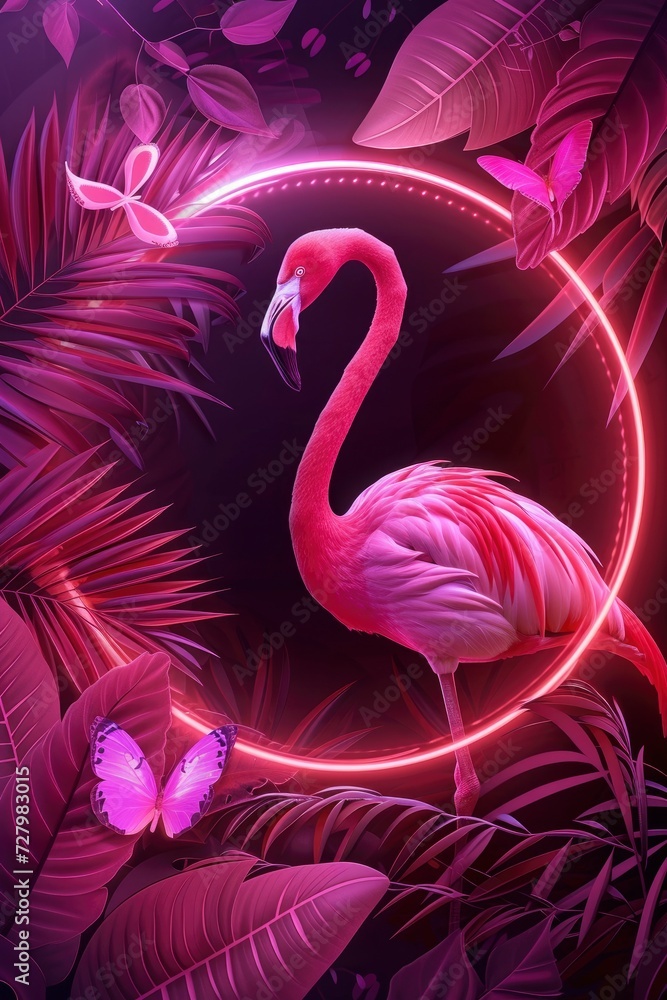 Fototapeta premium Neon Pink Tones Encircle an Empty Center, Featuring Pink Flamingo and Leaves for a Vibrant Composition