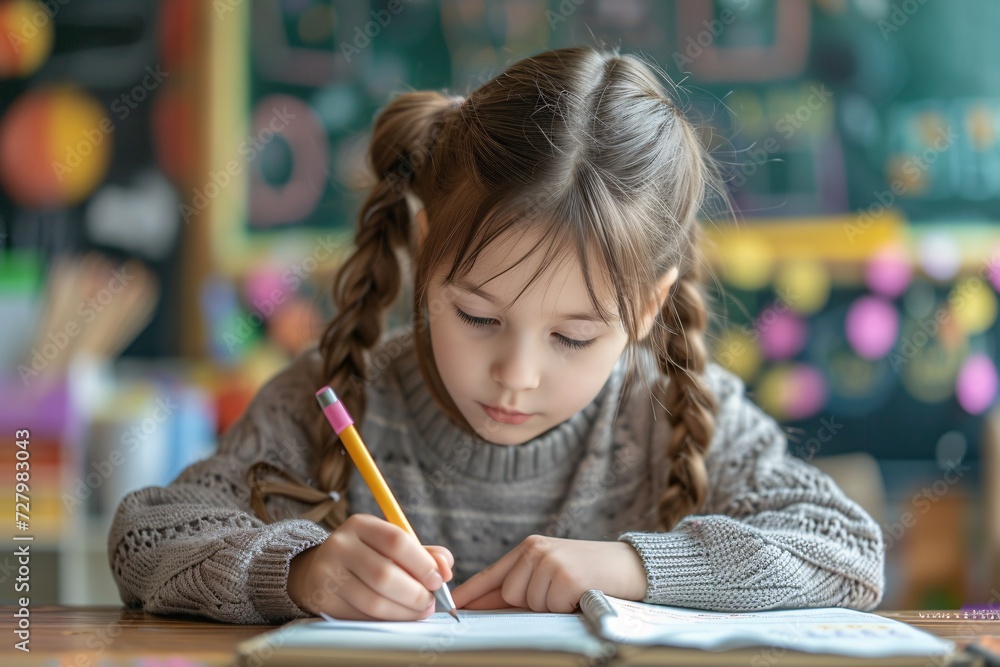 A young girl sits in a classroom, pen in hand, her human face filled with determination as she learns the art of writing and reading A young girl sits in a classroom, pen in hand, her human face filled with determination as she learns the art of writing and reading