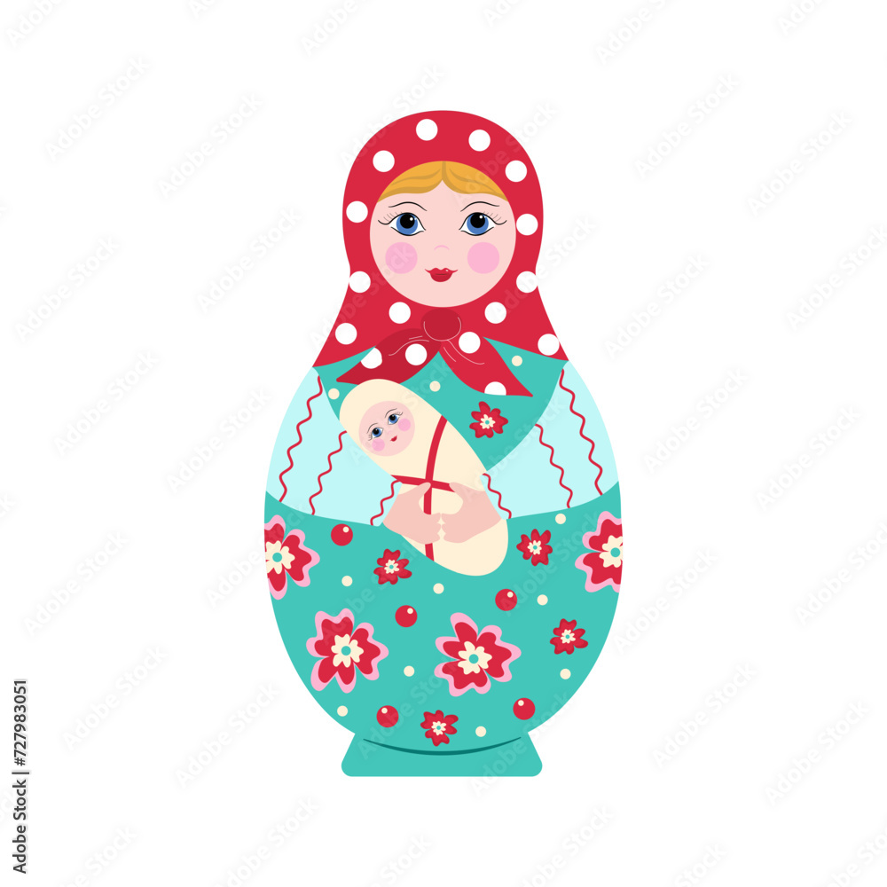 Wooden Matryoshka doll with a child in her arms. Painted doll. Mother and child. Family, motherhood concept. Russian traditional toy, souvenir. Vector illustration, background isolated. Wooden Matryoshka doll with a child in her arms. Painted doll. Mother and child. Family, motherhood concept. Russian traditional toy, souvenir. Vector illustration, background isolated.