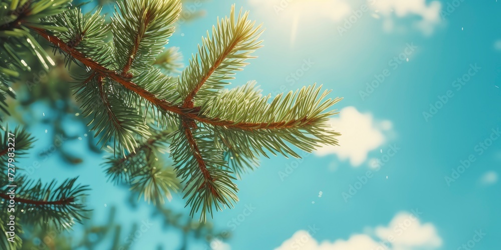Close-up of Pine Branches on a Warm Day in a Lush Forest, Against a Blue Sky Background, Capturing the Essence of Nature's Tranquility