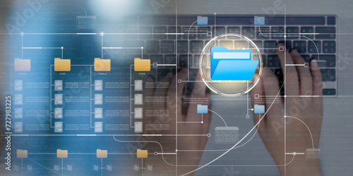 Businesswoman working on laptop with digital document, Security in accessing information, data search, cloud technology, Enterprise content management, Document management system and files data.