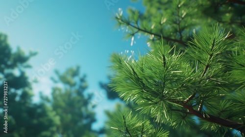 Close-up of Pine Branches on a Warm Day in a Lush Forest, Against a Blue Sky Background, Capturing the Essence of Nature's Tranquility © MdKamrul