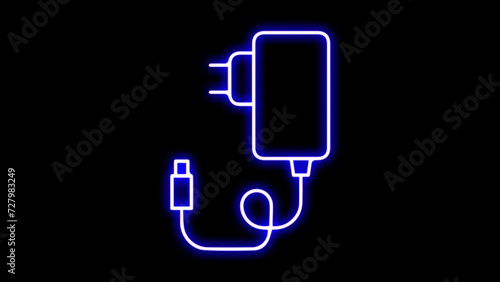 Outline neon charging battery icon. Glowing neon battery, wireless electric charger. Electric charge pictogram. Inductive dock station for charging devices.