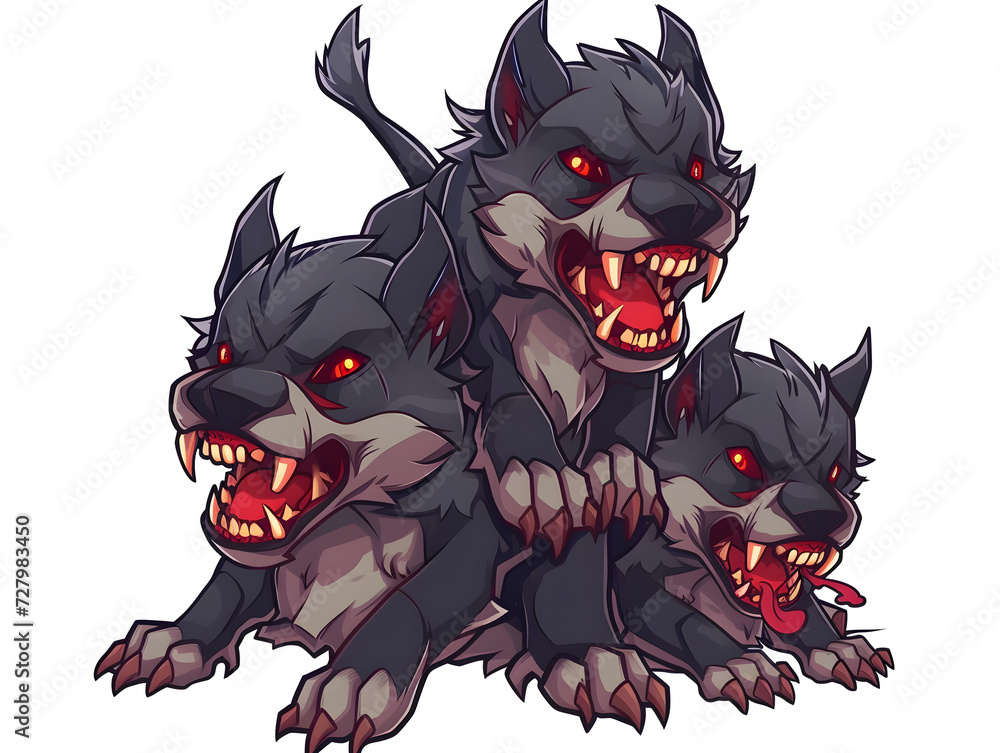 Concept of Dark Fantasy and Greek Mythology: Artistic Interpretation of Cerberus, the Menacing Three-Headed Dog with Red Eyes and Spiky Fur, Evoking Fear and Intrigue Concept of Dark Fantasy and Greek Mythology: Artistic Interpretation of Cerberus, the Menacing Three-Headed Dog with Red Eyes and Spiky Fur, Evoking Fear and Intrigue