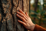 Touch of Home: Hands gently touching the bark of a tree, conveying a sense of connection, peace, and grounding in nature