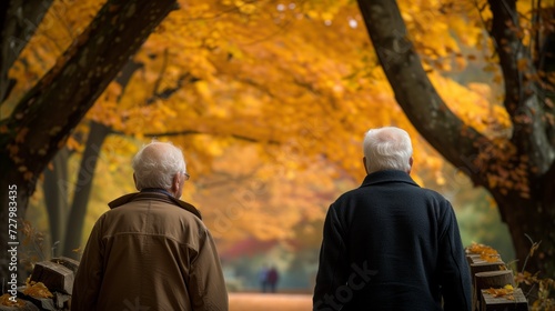 Two Elderly Men Walking Down Tree-Lined Path