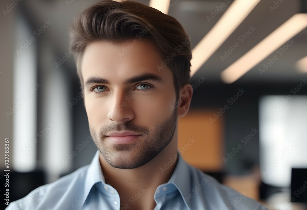 Close up photo of a man in a light blue shirt at the office Close up photo of a man in a light blue shirt at the office