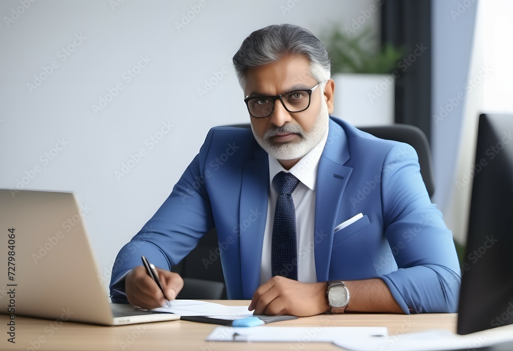 Indian businessman sitting at a desk writing something on paper Indian businessman sitting at a desk writing something on paper