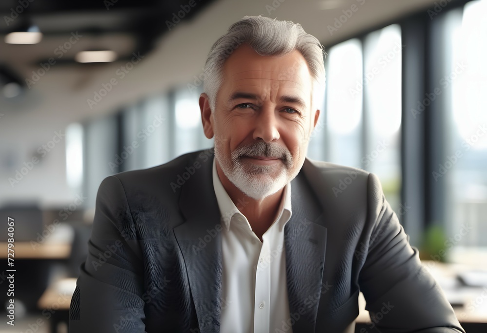 Naklejka premium Mature man in a suit smiling while sitting at a table