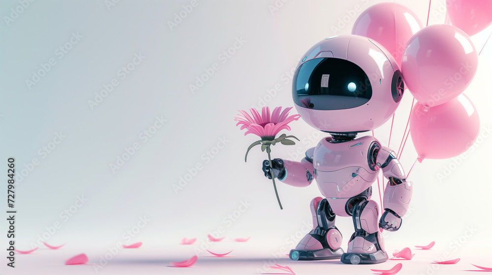 Cute smiling pastel pink robot holding flower and balloons in style of Valentine's Day card. Concept for birthdays, holiday events or other celebrations. Love wallpaper. Banner template, poster design Cute smiling pastel pink robot holding flower and balloons in style of Valentine's Day card. Concept for birthdays, holiday events or other celebrations. Love wallpaper. Banner template, poster design