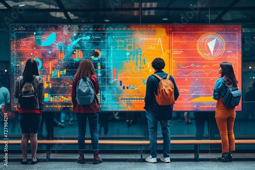 Group of individuals stand on a bustling street, engrossed in interactive data visualization on a modern digital display.
