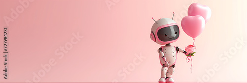 Cute smiling pastel pink robot holding flower and balloons in style of Valentine's Day card. Concept for birthdays, holiday events or other celebrations. Love wallpaper. Banner template, poster design