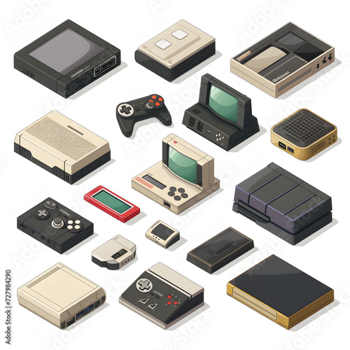 Retro video game console collection isolated on white background, isometry, png
 photo
