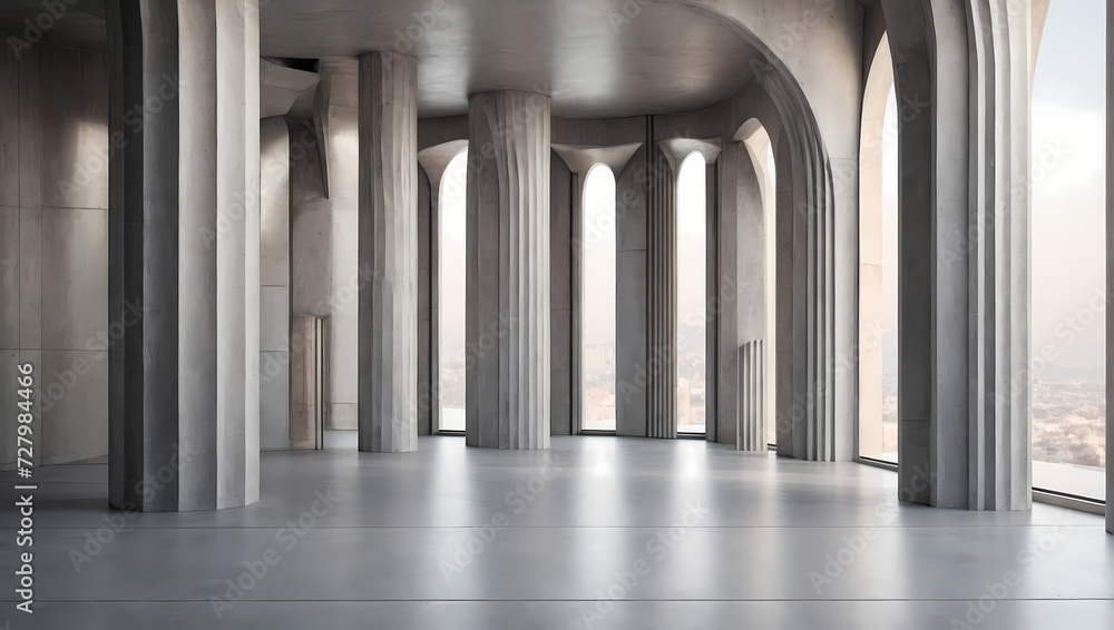 Minimalistic 3D pillars with a polished concrete surface forming a pattern.