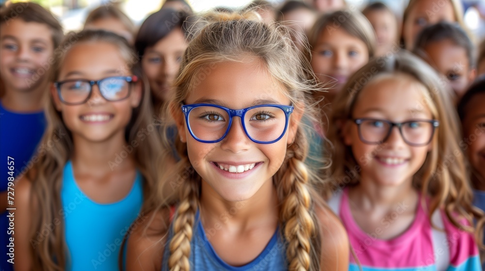Smiling Girl With Blue Glasses Among Group of Children Smiling Girl With Blue Glasses Among Group of Children