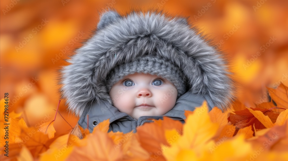 Baby Wearing Fur Hat in Field of Leaves Baby Wearing Fur Hat in Field of Leaves