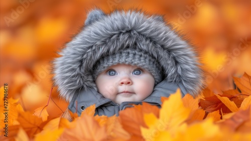 Baby Wearing Fur Hat in Field of Leaves