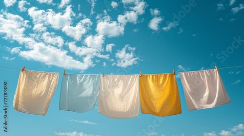 Fresh linens drying on a clothesline against a backdrop of a clear blue sky