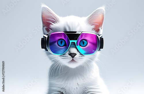 white kitten in blue 3D virtual reality glasses on a light background. concept of new technologies