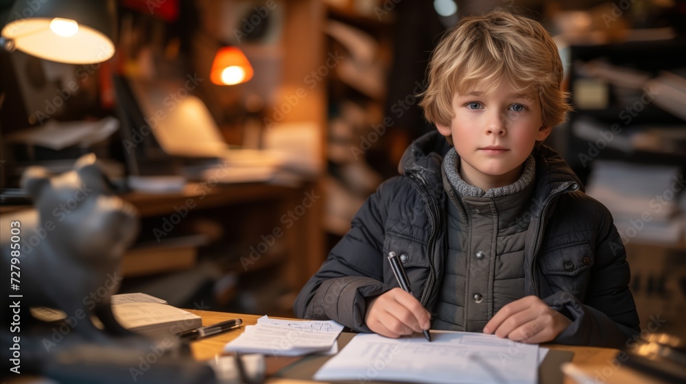 Young Boy Writing at Desk With Pen and Paper Young Boy Writing at Desk With Pen and Paper
