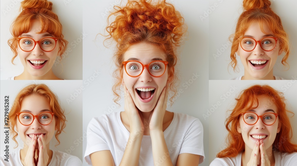 Expressive Young Woman With Red Hair and Glasses in Five Poses Expressive Young Woman With Red Hair and Glasses in Five Poses